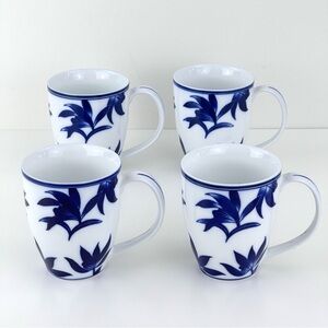 Pier 1 Coffee Mug Cup Ming Cobalt Blue Leaf Leaves on White Porcelain Set Of 4